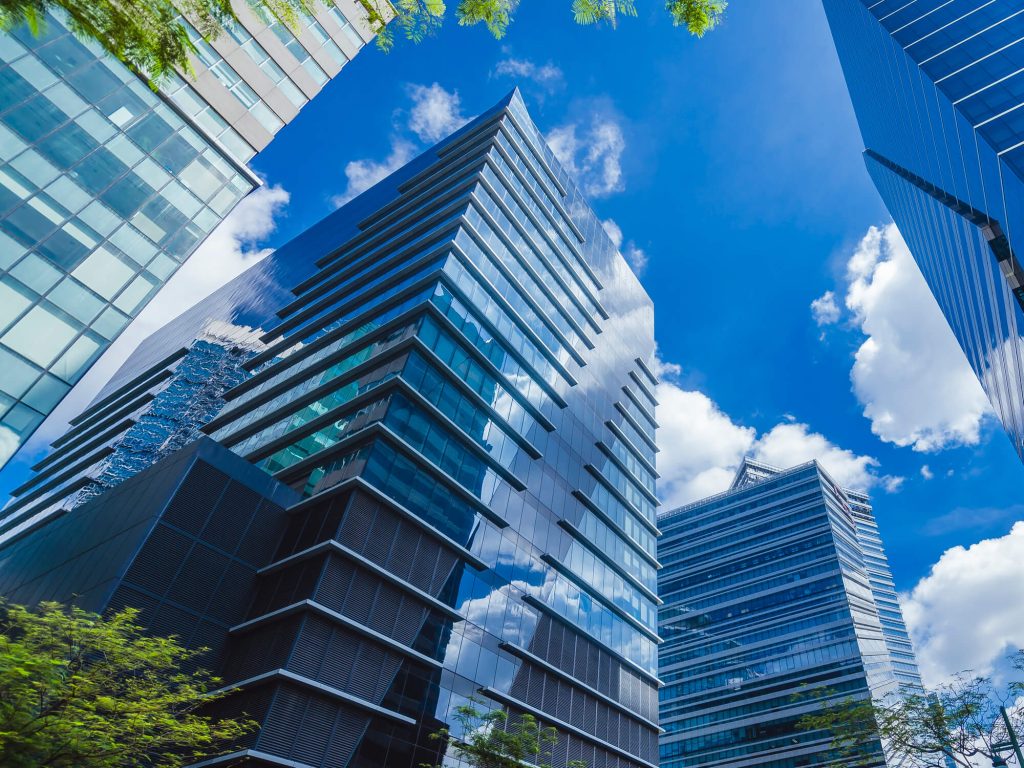 Glassy modern highrise buildings