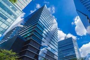 Glassy modern highrise buildings