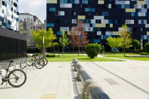 Building with bike parking behind it